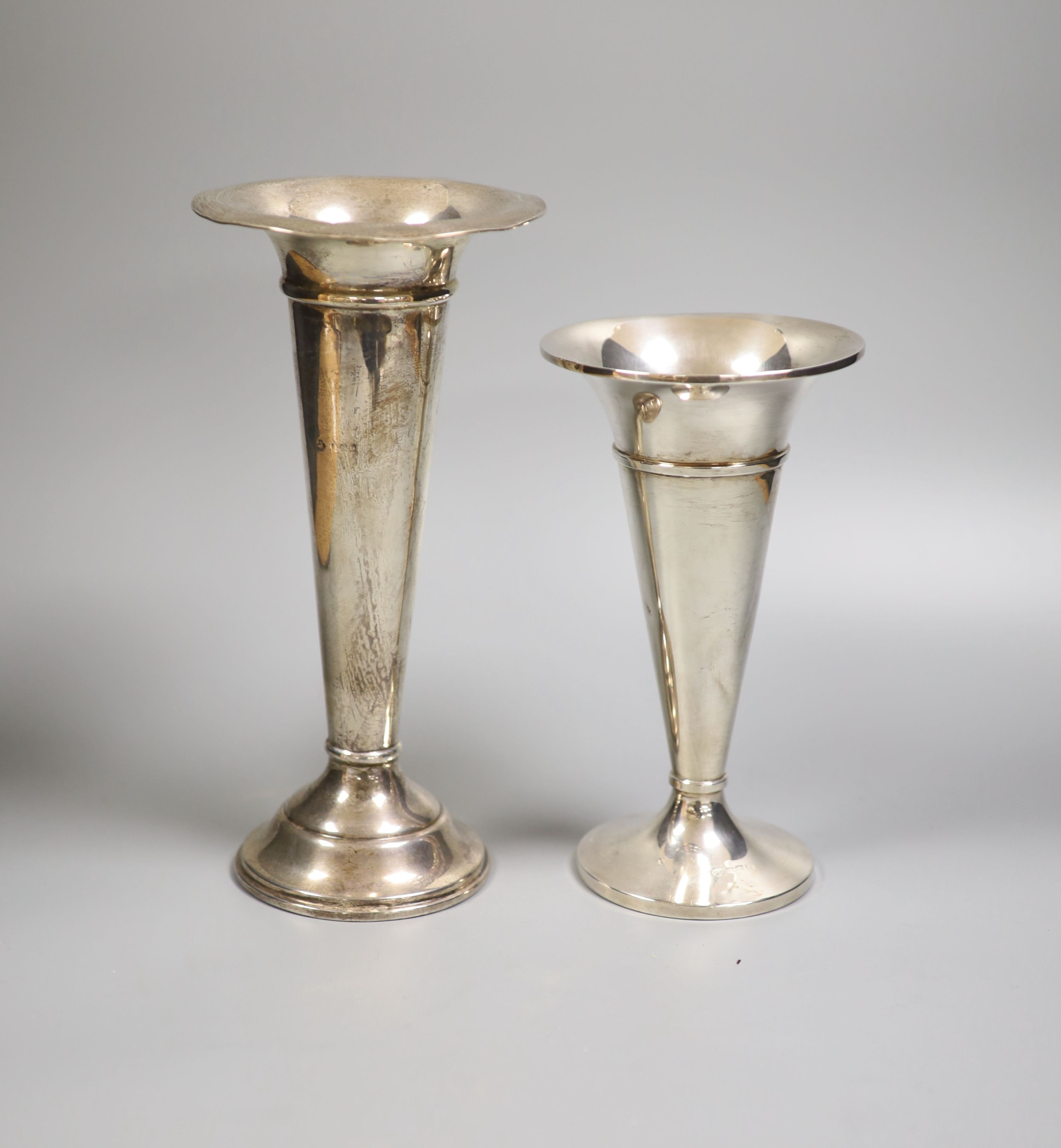 Two silver mounted trumpet shaped spill vases, largest 24.9cm, weighted.